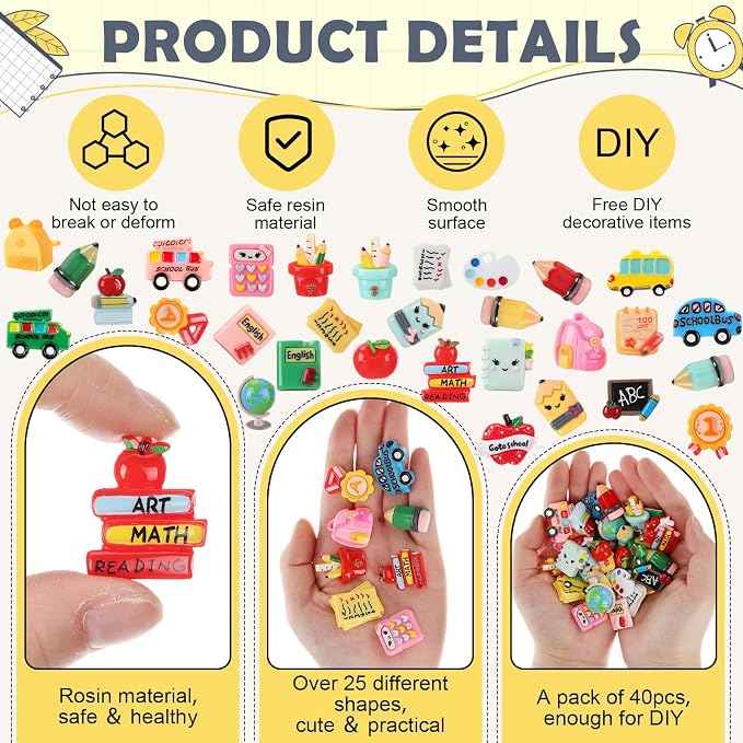 Giegxin 40 Pcs Back to School Resin Charm Pencil Book Blackboard Flatback Cabochon Accessories Cute Embellishments Bulk for Jewelry Cellphone Case Scrapbooking Headband Photo Frame DIY Craft Making