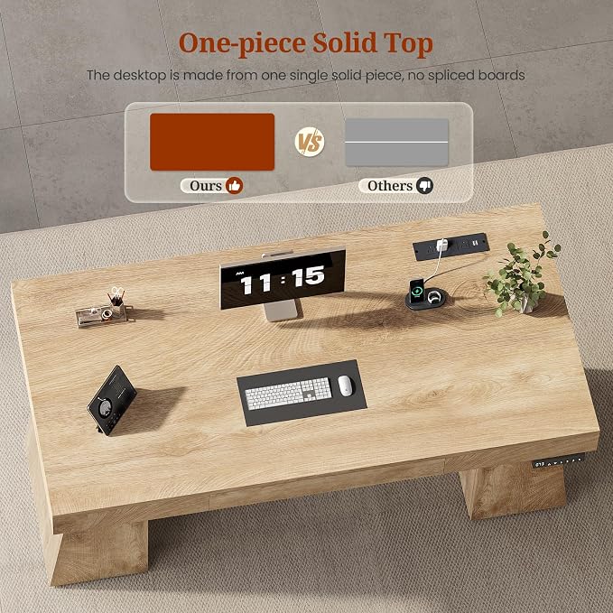 UPOSOJA 55 in Executive Standing Desk, Modern Electric Height Adjustable Desk with Drawer, Storage Cabinet, Shelves, Power Outlet, Wood Sit Stand up Computer Desks for Home Office, Natural Oak