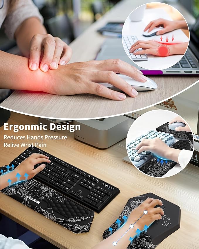 Ergonomic Mouse Pad and Keyboard Wrist Rest Support Set, Massage Design Mousepad for Carpal Tunnel Pain Relief, Memory Foam, Non-Slip PU Base for Computer Desk, Kanagawa Japanese Sea Wave