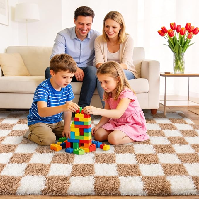 Area Rugs for Living Room 9x12, Ultra Fluffy Shag Checkered Rug Modern Washable Carpet Soft Shaggy Non Slip Indoor Plush Fuzzy Rugs for Bedroom Dorm Office Home Aesthetic Decor, Cream and Camel