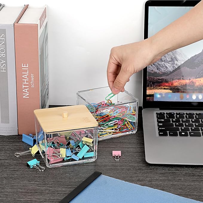 BTSKY Clear Stackable Paper Clip Holder with Bamboo Lid 2-Layer Paperclip Box Thick Acrylic Office Supply Accessory Organizer Square Small Storage Holder Cute Qtip Holder for Office Bathroom Vanity