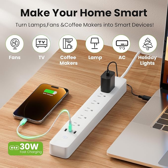 GHome Smart Power Strip 15A, 2.4G WiFi Smart Plugs That Work with Alexa & Google Home, Surge Protector Flat Plug with 6 APP Control WiFi Outlets, FCC Listed, 7.18 Ft Flat Extension Cord, No Hub Needed