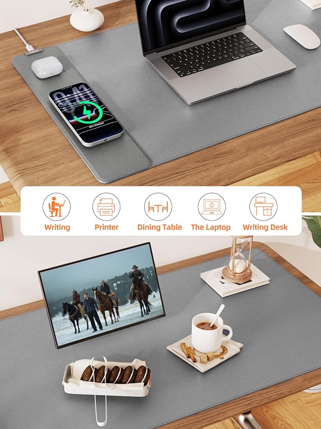 TopMade Mouse Pad with 15W Wireless Charging, XXL Large Leather Desk Mat, Waterproof Gaming Mousepad Home Office Desk Pad Protector, Gray (Includes 20W PD Power Adapter & 6.56ft Woven Cable)