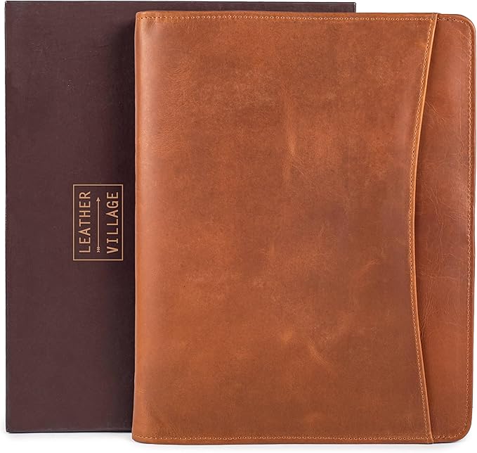 LEATHER VILLAGE Leather Portfolio Organizer - Professional Business Padfolio for Men & Women - Stylish Document Card Holder, Folio for A4/Letter Size Writing Legal Pad, Tan