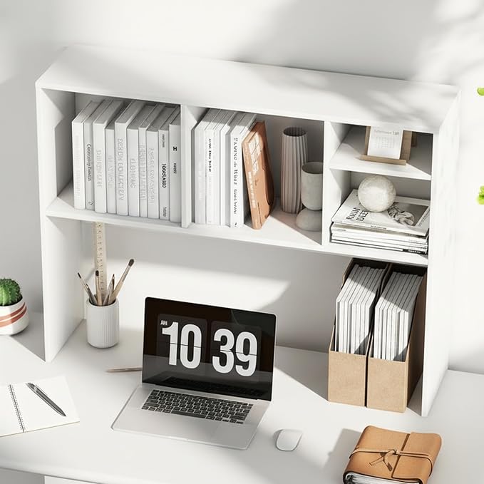 Tangkula Desktop Bookshelf, Countertop Storage Hutch with 4 Shelves for Computer Desk, Desktop 2-Tier Display Rack, Multipurpose Wood Desktop Hutch Storage Organizer for Dorm Office Home (White)