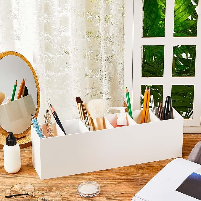 2 Pack Acrylic Makeup Brush Holder 6 Compartments Pencil Organizer Cup Pencil Holder for Desk Pen Organizer Storage Pen Holder for Accessories Cosmetic Brushes Office Bathroom Kitchen Supplies (White)