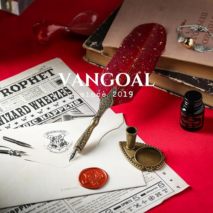 VANGOAL Vintage Carving Feather Pen Set, Glittering Quill Pen Set Antique Calligraphy Writing Dip Pen with Ink, 2 Replacement Nibs, Pen Stand Base, Luxury Vintage Signature Pen (Red)
