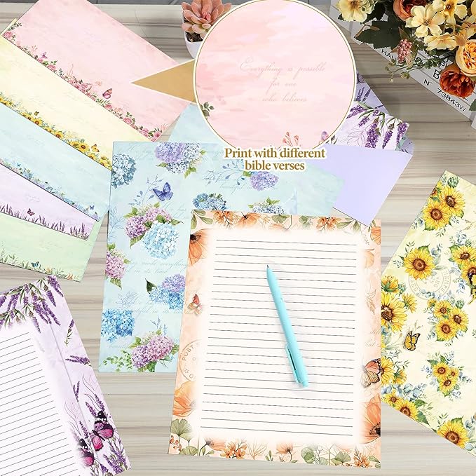 Funrous 90 Pcs Stationary Paper and Envelopes Set, 60 Sheets Floral Letter Paper and 30 Envelopes, 8.5 x 11 Inch Lined Writing Sheet for Mother's Day Wedding Religious Spring Party Invitation Gift
