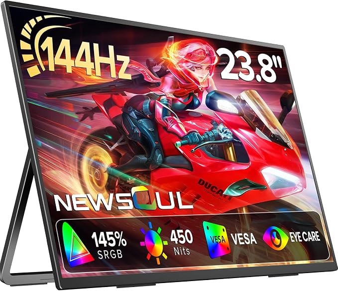 Newsoul 23.8'' Portable Monitor 144Hz Gaming Monitor, 145% sRGB | 2000:1 | FreeSync Built-in Adjustable Stand, Speaker and VESA, USB-C HDMI Large Second Screen for Laptop, Mac-Book, PC, Game Console