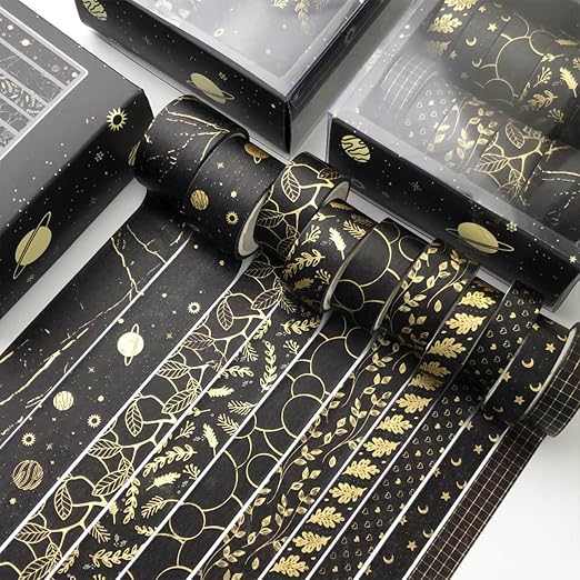 Creative Washi Tape Set 10 Rolls Gold Foil Print Decorative Masking Tapes for Arts, DIY Crafts, Journals, Planners, Scrapbook, Wrapping (Gold Dark)