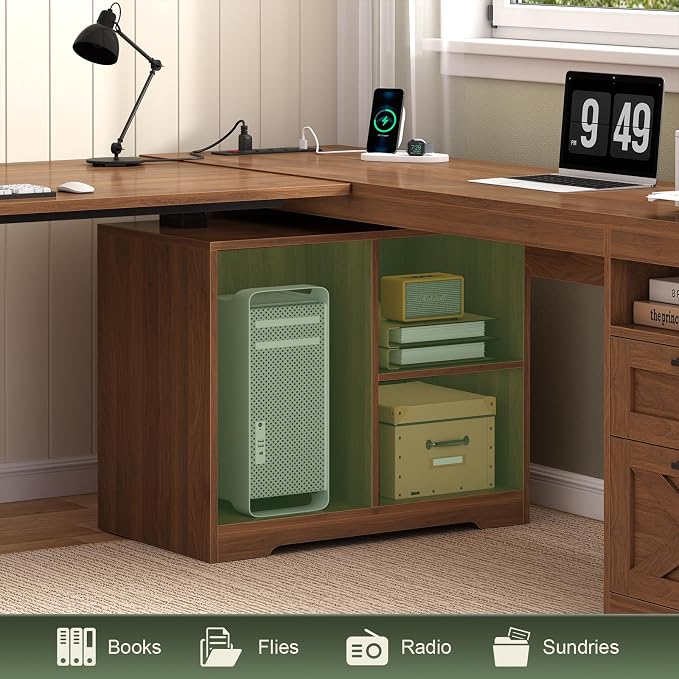 66 inch Farmhouse L Shaped Standing Desk with Storage for Home Office | Corner Electric Standing Desk with Drawers ＆ Storage Shelves, Height Adjustable Computer Desk with Power Outlets, Brown
