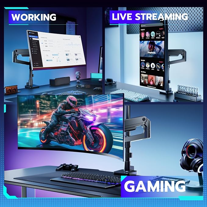 Single Monitor Arm Desk Mount for 17-49 Inch Monitors, Black | Heavy Duty Monitor Mount Stacked Monitor Arm Desk Holds 44 lbs