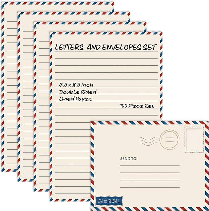 Better Office Products Vintage Airmail Mini Stationery Set, 100 Piece Set (50 Lined Sheets + 50 Matching Envelopes), 5.5 x 8.25 inch, Design, Double Sided Printing, Double Side Lined Paper,