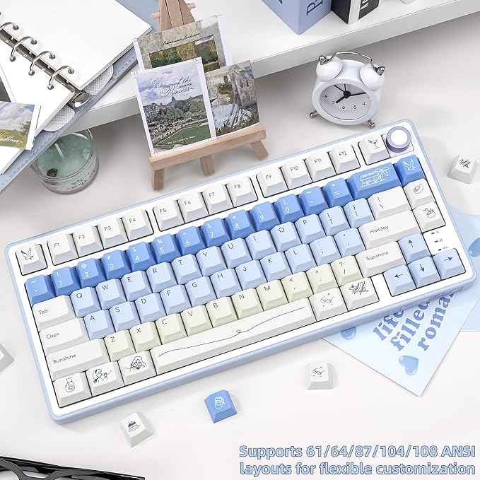 White & Blue PBT Keycaps, Cherry Profile Dye-Sublimation Keycap 130 Keys for 60%/65%/75%/100% Cherry MX Switches Mechanical Keyboard