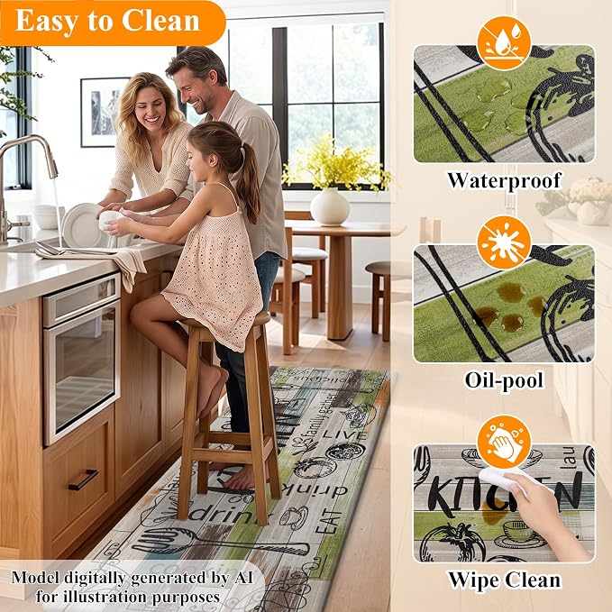 HEBE Anti Fatigue Kitchen Rugs Set of 2, Non Slip Cushioned Kitchen Mats for Floor, Waterproof Farmhouse Comfort Standing Desk Mat for Kitchen Sink,Office,Laundry