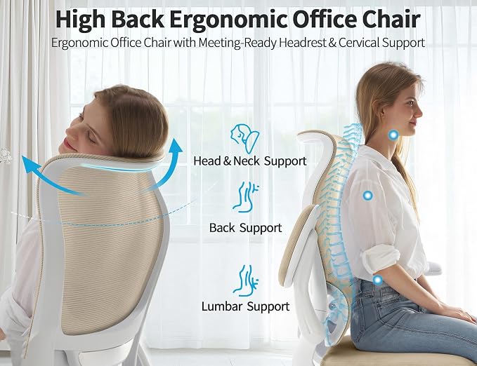 TRALT Ergonomic Office Chair- Desk Chair with Adjustable Lumbar Support | Big and Tall Back Ergonomic Desk Chair - Home Office Mesh Chairs and PU Leather Seat for Home Reading to Adults(Beige)