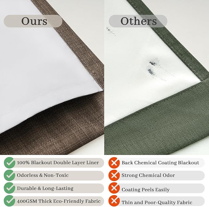 Dark Brown Pleated Double Layer Thick Linen Curtains 96 Inches Long for Bedroom, Memory Trained Pinch Pleat Blackout Thermal Noise Blocking Rustic Windows Curtain & Drapes 2 Panels Set 8 FT Length