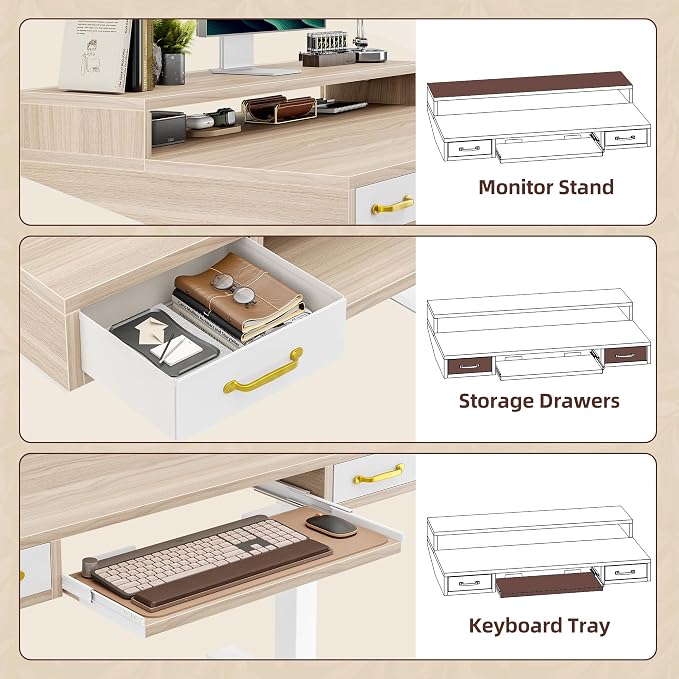 TIQLAB Standing Desk with Two Drawers, Stand Up Standing Desk Adjustable Height, Electric Sit Stand Table with Storage Shelf and Splice Board, with LED Light, 55 * 28 inch, Light Walnut