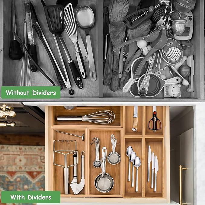 LEIMO KPARTS 8 Pcs Bamboo drawer Organizer Storage Box, Bin Set - Multi-Use bamboo Drawer Organizer Storage boxes for Kitchen Utensils, Bathroom, Office Desk, Makeup(8 Boxes)