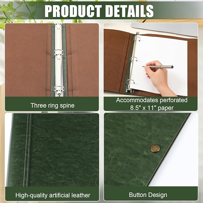 Teling 1 Pcs Leather 3 Ring Binder Holds 8.5 x 11 Inch Paper Binder Organizer Vintage Faux Leather Portfolio Folder Planner for Office Home Document Photo Diary Supplies (Dark Green)