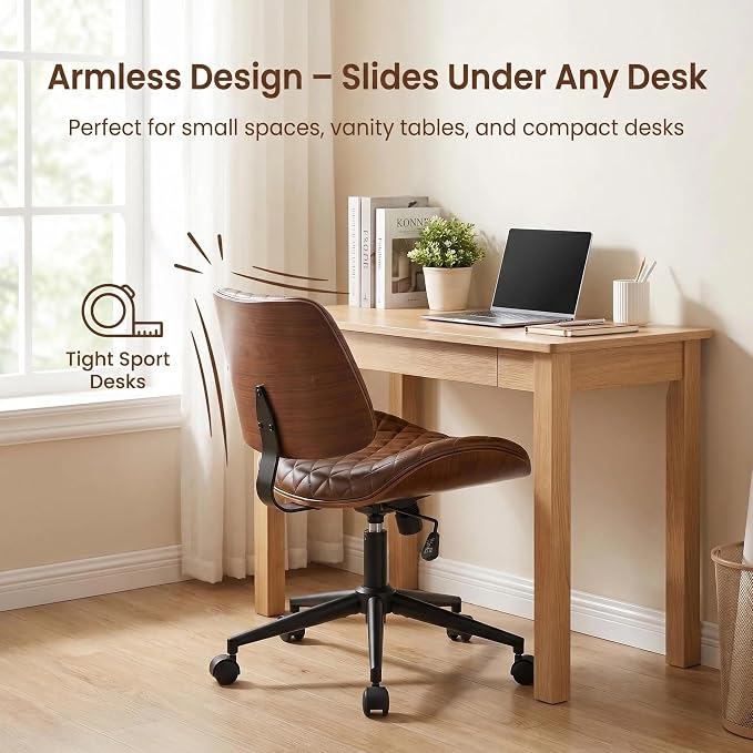Furnimart Wooden Armless Desk Chair with Wheels, 360° Swivel Faux Leather Vanity Chair for Bedroom, Small Office Computer Task Chair for Home & Compact Spaces (PU Brown)