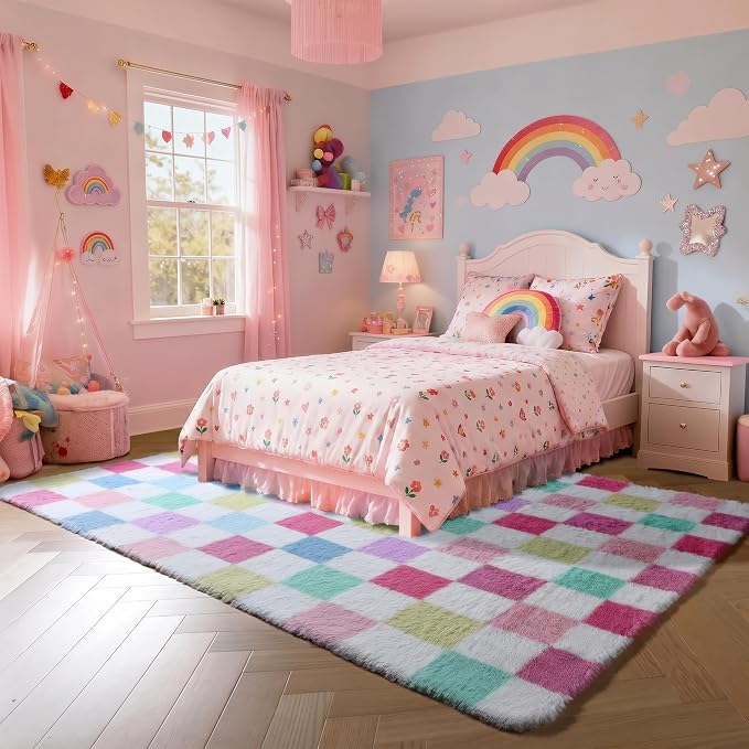 KICMOR Pink Rainbow Area Rugs for Bedroom Living Room, 4x6 Fluffy Soft Colorful Checkered Rug Cute Fuzzy Shag Shaggy Bedside Plush Carpet for Kids Boys Girls Teen Dorm Nursery Home Decor Aesthetic