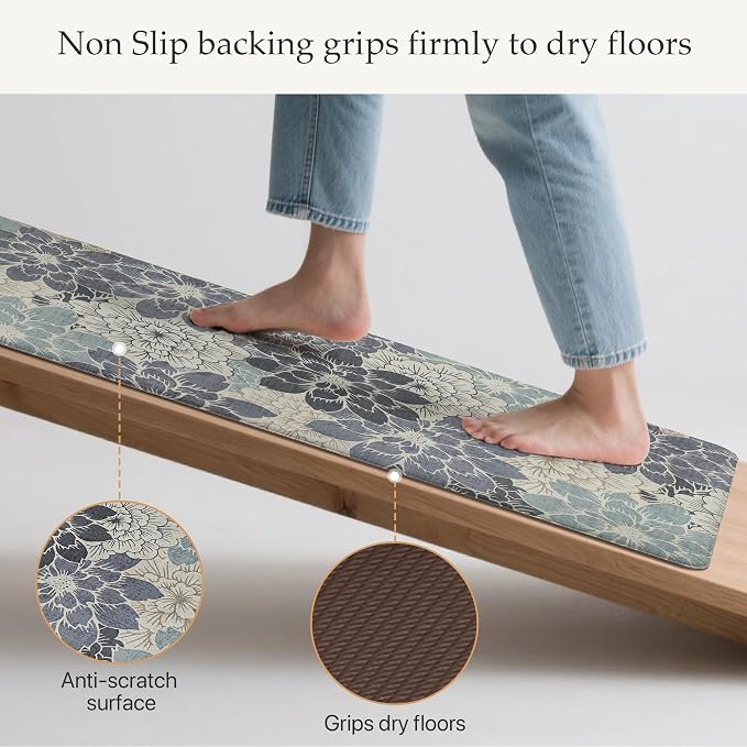 GENIMO Anti Fatigue Kitchen Mats for Floor 2PCS, Cushioned Standing Mats | 17.3"x47"&17.3"x30", Navy Blue vintage floral rug set, waterproof, non slip, easy-clean for farmhouse