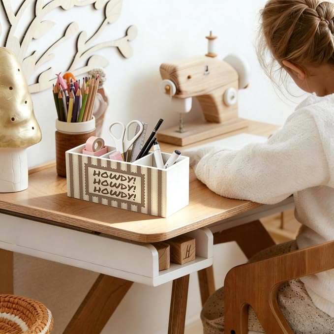 Howdy Western Wooden Pen Holder for Desk, Western Desk Decor Accessories, Retro Brown and Beige Striped Southwestern Pencil Organizer Wooden Box Sign for Home Office Decoration