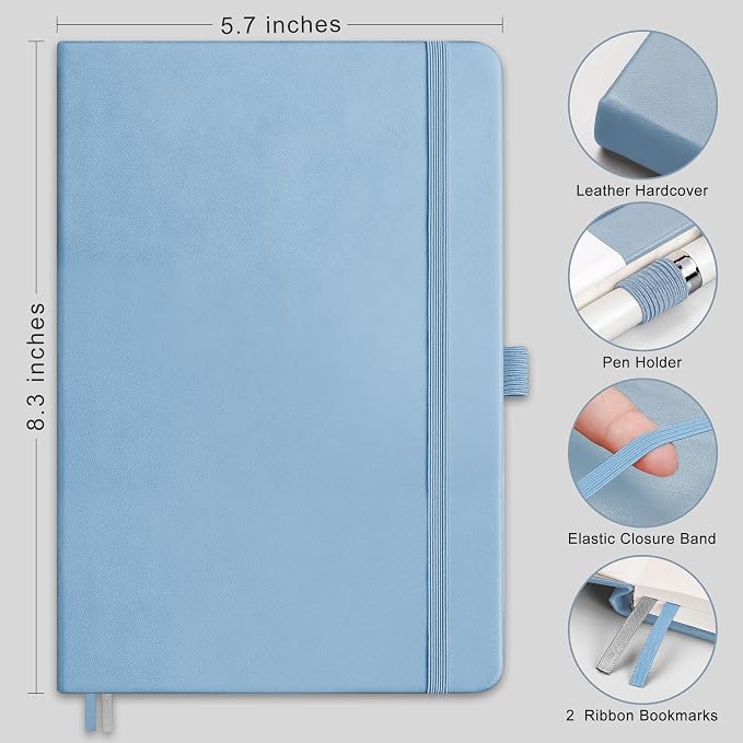 AHGXG Blank Journal Notebook, 160 Pages, A5 Medium Size (5.7'' x 8.3''), 120 GSM Thick Paper, Leather Hardcover, for Sketching, Drawing, Painting (Light Blue)