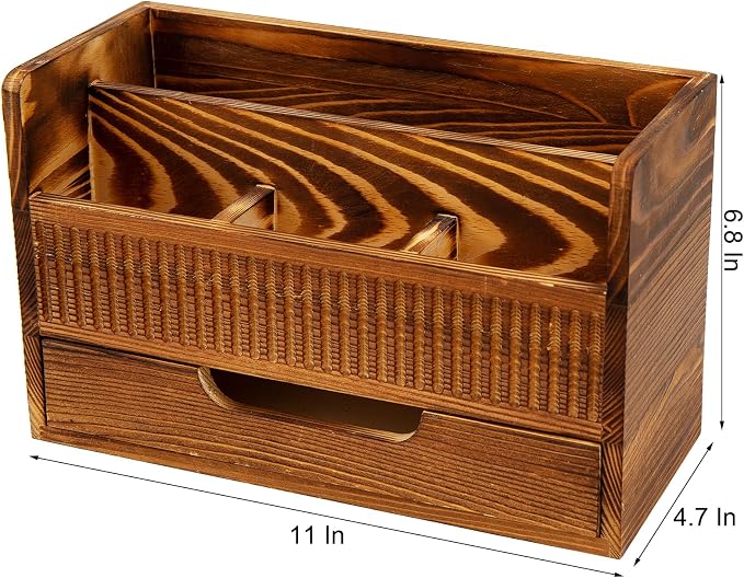 Rustic Brown Wood Desktop Stationery Organizer Mail Sorter Office Supplies Multiple Compartments Bottom Storage Drawer Wooden Caddy Pencil Holder Pen Scissors Tabletop Home Studio Workstation