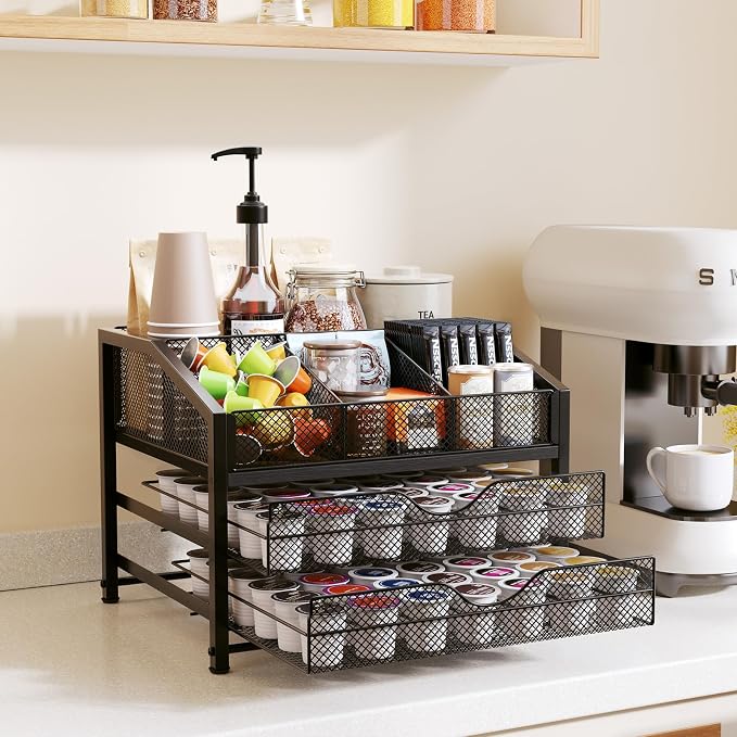 Homsorout Coffee Bar Organizer - Coffee Station for Countertop, Metal and Wood K Cup holder Storage Basket for Syrup, Cups, Stirrer, Condiment, Tea Organizer, Black
