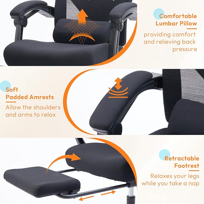 Desk Chair with Foot Rest, High-Back Mesh Office Chair with Wheels, Black | Reclining Gaming Chair with Headrest and Adjustable Lumbar Support, 90°-130° Reclining, for Home Office and Gaming