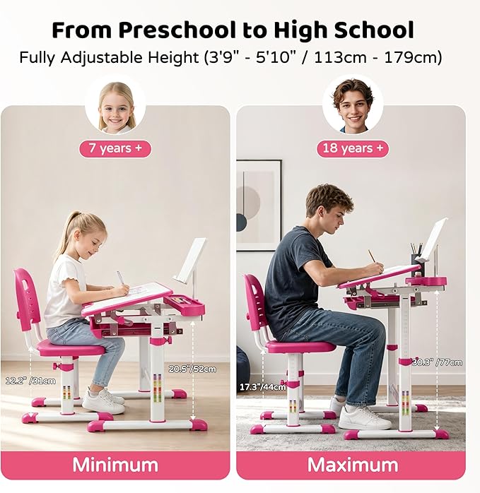Diroan Kids Desk and Chair Set with LED Light, Height-Adjustable for Age 7+ | Ergonomic, Large 0‑45°desk, Sturdy steel frame, Storage drawer, Bookstand, Metal hook