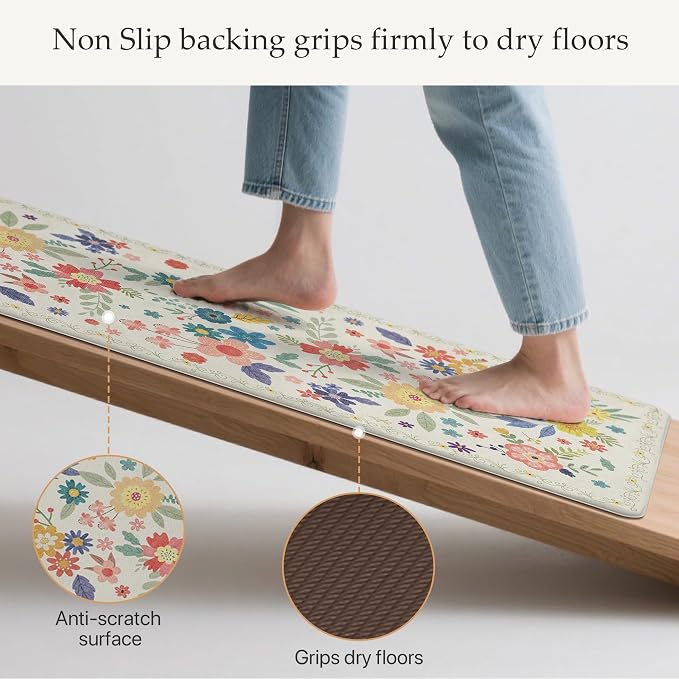 GENIMO Anti Fatigue Kitchen Mats for Floor 2PCS, Cushioned Standing Mats | 17.3"x59"&17.3"x30", SoftWhite vintage floral rug set, waterproof, non slip, easy-clean for farmhouse