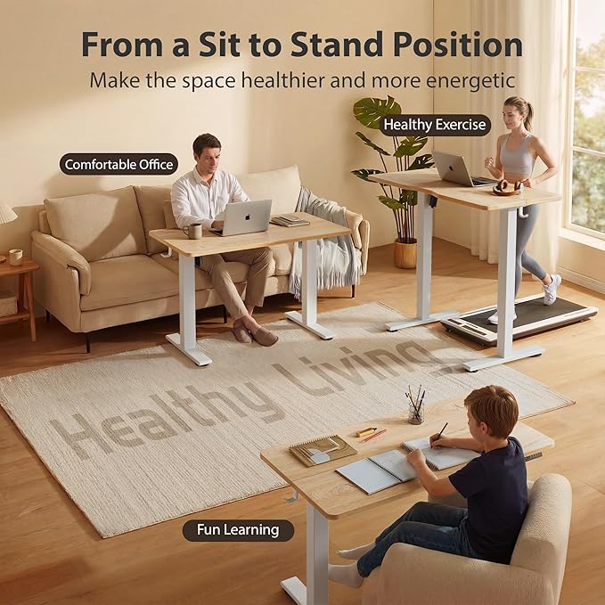 Cubiker Standing Desk, 55x28 Inches Sit Stand Home Office Desk, Electric Stand up Desk, Adjustable Desk with Splice Board, White Frame/Maple Top