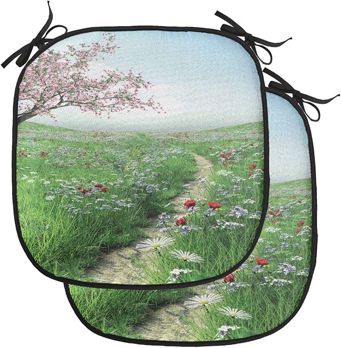 Lunarable Flower Chair Cushion Pads Set of 2, Pathway with Cherry Blossom Tree Wildflowers Grassland Country Village Nature Art, Anti-Slip Seat Padding for Kitchen & Patio, 16"x16", Green Blue