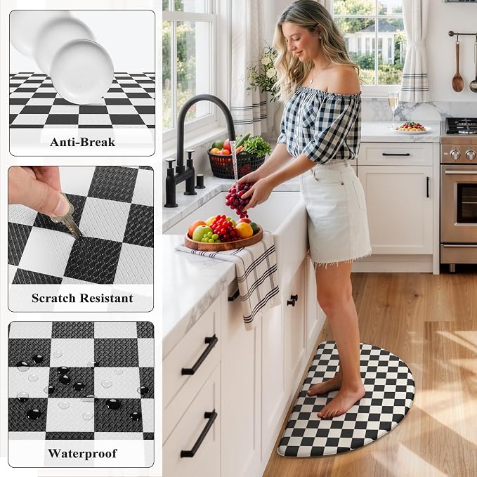 KIMODE Anti Fatigue Kitchen Mats for Floor,18"x 28" Farmhouse Kitchen Decor | Paded Kitchen Floor Mat, Memory Foam Standing Desk Mat, Half Round Bathroom Rug for Sink, Black Plaid Laundry Room Rug Dorm