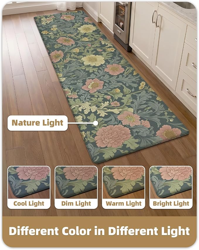 Color&Geometry Natural Floral Kitchen Floor Mat 24x87 Anti Fatigue, Green | 0.4in Thick Cushioned Standing Mat For Cooking/Working/Laundry, Flower Home Decor, Non Slip PVC Kitchen Rug, Oil/Water Proof