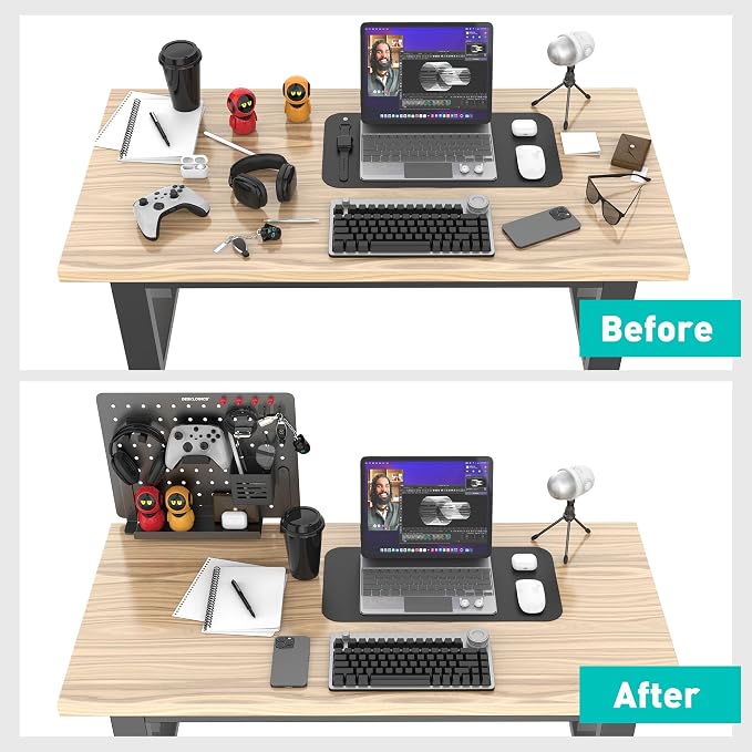Clamp on Desk Pegboard 16.5"x12.6", Black Heavy Duty Steel Desktop Organizer with 4 Magnet Pins, No-Drill Metal Peg Board Mount for Office & Gaming, Horizontal/Vertical