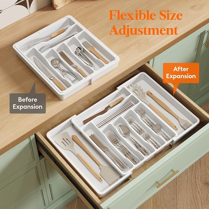 Lifewit Utensil Organizer for Kitchen Drawer, Expandable Cooking Silverware Tray, Adjustable Cutlery Flatware Holder, Plastic Spatula Tools Storage Divider, 13-22.4 x 15", White