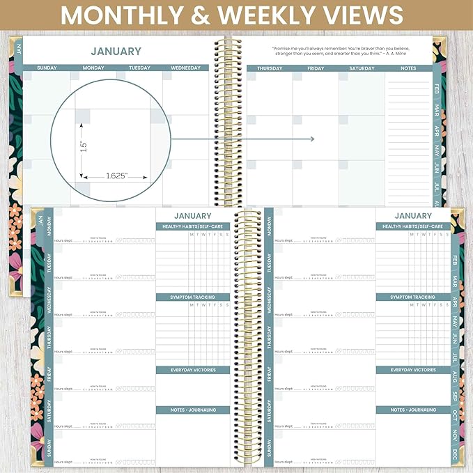 bloom daily planners Undated Chronic Illness Planner & Medical Journal - 12 Month Pain & Symptom Tracker, Mood & Medication Log, Appointment Organizer (7” x 9”) - Chronically Resilient