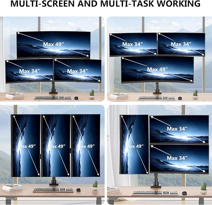 WALI Stacked Triple Monitor Mount for 49" UItrawides and Dual 34" Monitors | Heavy Duty 3 Monitor Arm up to 33 lbs, Full Motion with Tilt, Swivel, Rotation, C-Clamp & Grommet Base, VESA 75/100mm, Black