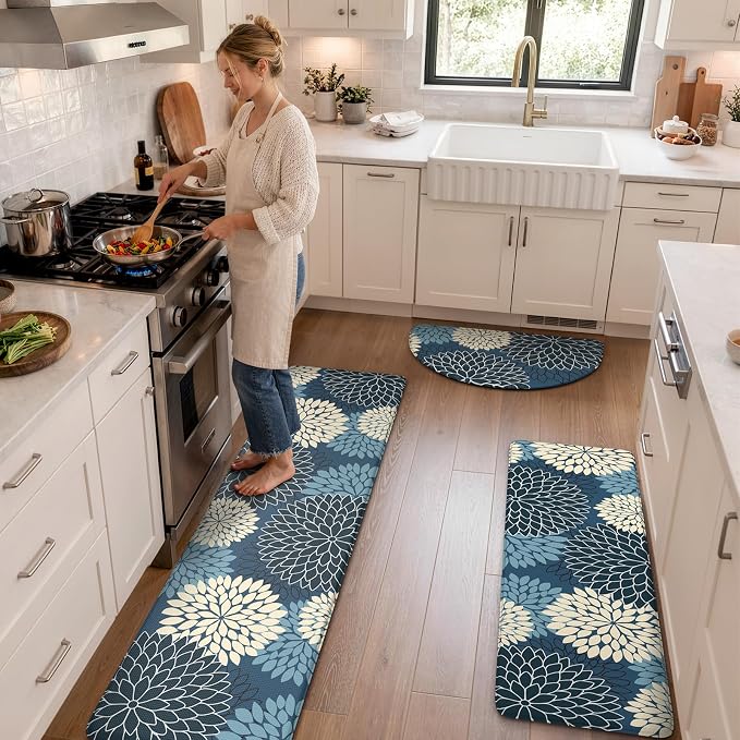 KIMODE Half Circle Anti Fatigue Mats for Kitchen Floor Rug Sets of 3 | 18"x28+18"x47"+18"x59",Blue Dahlia Floral Boho,3PCS,Non Slip,Waterproof,for Sink Office Laundry Bathroom Decor