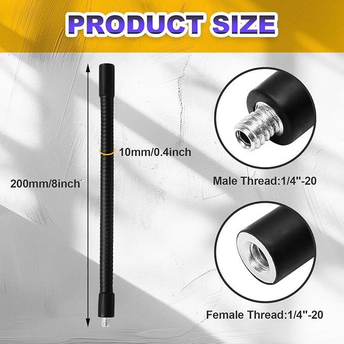 8" Gooseneck Tube Extension Holder,1/4"-20 Female to Male Thread Metal Universal Hose Flexible Arm for Phone Action Camera Microphone(2 PCS)