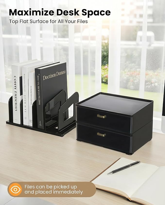 LALOBLUE Acrylic Desk Organizer with Drawer and Vertical File Holder, Desk Organizers and Accessories, Multi-Functional Office Supplies Organizer for Home or Work Desk, Black