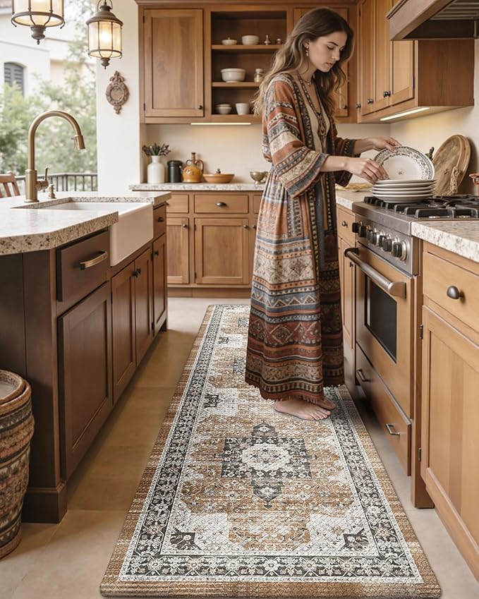 DEXI Kitchen Floor Mats Cushioned Anti Fatigue, 23x59 Long Wide Standing Comfort Runner Rug, Waterproof Retro Floral Memory Foam Padded for Front Sink Laundry, Black/Brown
