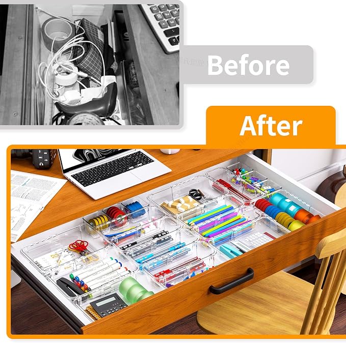 16 Pcs Upgraded Extendable Clear Drawer Organizer, Adjustable Vanity Storage Box, 3-Size Desk Drawer Organizer, Durable Storage Bins for Makeup, Cosmetic, Bedroom Dressers Tool Organizer for Gadgets