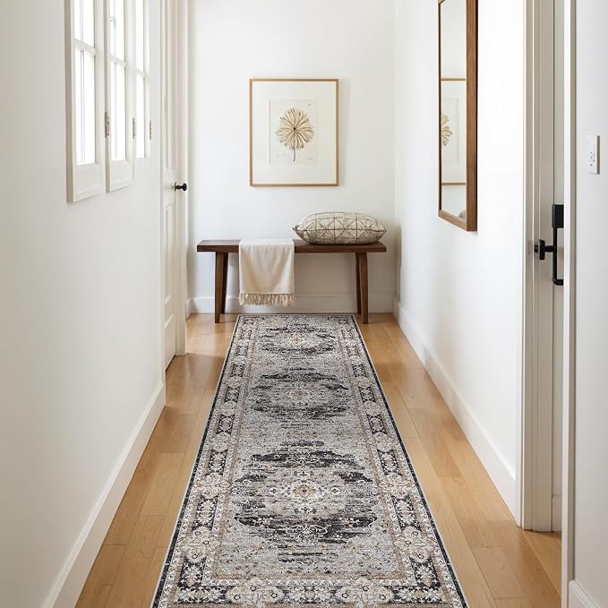 3x10 Runner Rug for Hallway Washable: Non Slip Kitchen Rugs with Rubber Backing Soft Waterproof Mats Stain Resistant Indoor Vintage Carpet Runner for Bedroom Bathroom Laundry Entryway Black/Gray