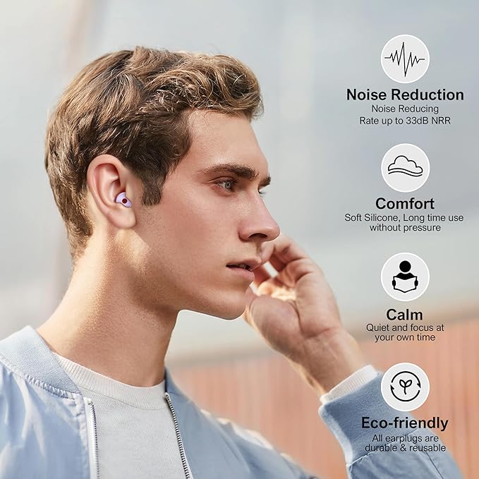 Ear Plugs for Sleeping, Reusable Silicone Ear Plugs for Sleeping Noise Cancelling, 30-35dB Noise Reduction Earplugs for Noise Sensitivity, Sleep, Snore, Travel, Focus