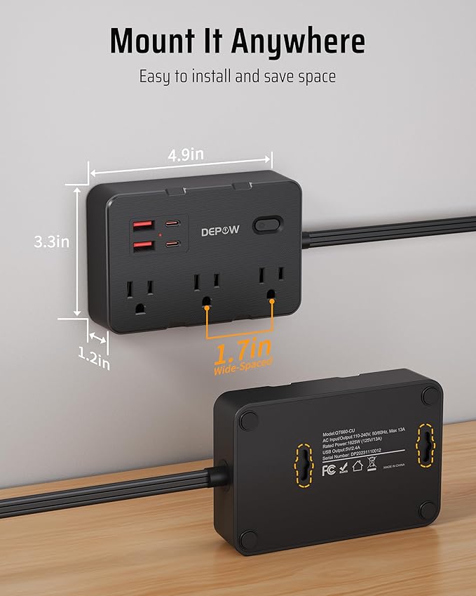 DEPOW Surge Protector Power Strip with Flat Plug, 5 FT Extension Cord with 6 AC Outlets 4 USB Ports(2 USB-C),1050J Surge Protection, Wall Mountable Charging Station for Office, Home, Black